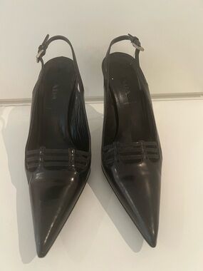 Prada Black Pointed Leather Slingback Pumps with Strappy Vamp